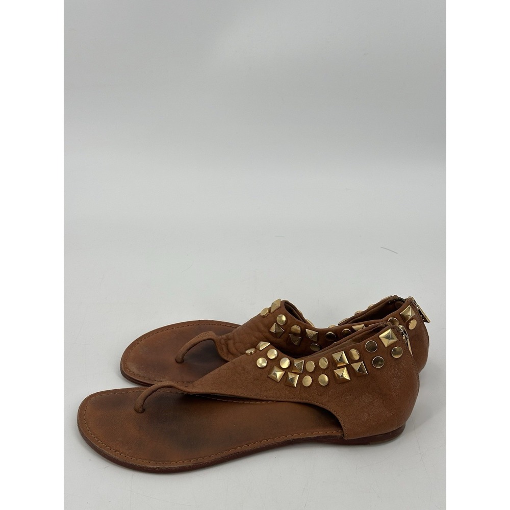 Tory Burch Cognac Brown Leather Gold Studded Gladiator Flat Thong Sandals Sz 8 M